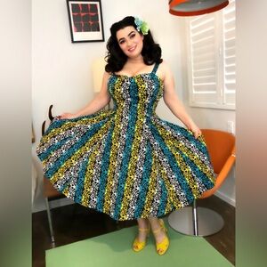 Pinup Couture PUG Charles Of Phoenix Swing Dress In Black/Blue/Yellow XS NWT
